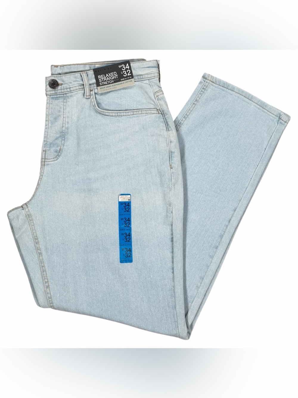 Primark Denim Co Light Blue Relaxed Straight Fit Stretch Denim Jeans Sz 34 X 32